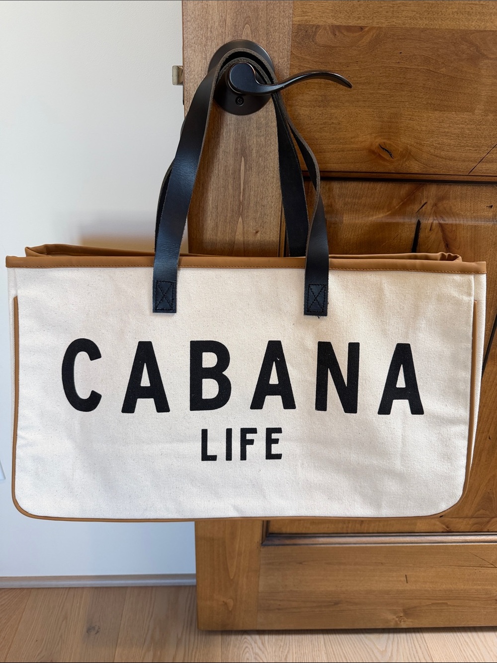 CABANA LIFE Canvas Tote in Cream with Tan Trim and Black Handles